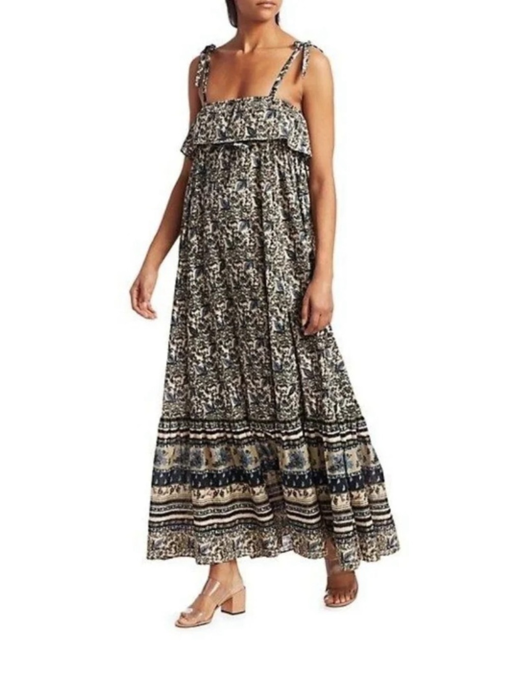 Free People Olive, Navy and Cream Floral Tiered Maxi Dress